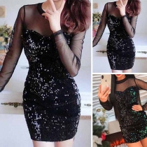 Sexy See-through Gauze Spliced Long Sleeve Slim Fit Sequin Dress