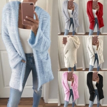 Fashion Solid Color Long Sleeve Hooded Loose Knit Cardigan 