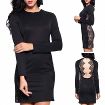 Sexy Lace Spliced Long Sleeve Round Neck Slim Fit Dress