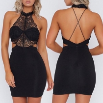 Sexy Backless Lace Spliced Slim Fit Halter Dress