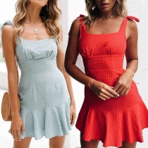 Sexy Backless Ruffle Hem Solid Color Sling Dress