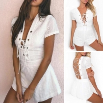Sexy Backless Lace-up Deep V-neck Short Sleeve Slim Fit Romper