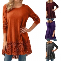 Fashion Solid Color Long Sleeve Hooded Lace Spliced Loose Top 