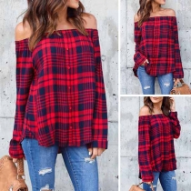 Sexy Off-shoulder Boat Neck Long Sleeve Plaid Top 