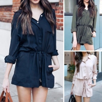 Fashion Solid Color Long Sleeve POLO Collar Drawstring Waist Romper