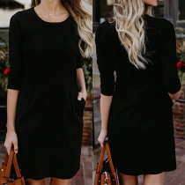Fashion Solid Color Half Sleeve Round Neck Dress
