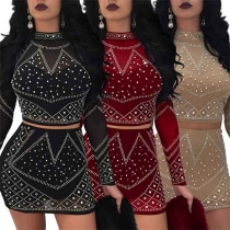 Sexy Rhinestone Inlaid Long Sleeve Crop Top + High Waist Skirt Two-piece Set 