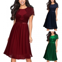 Elegant Solid Color Short Sleeve Round Neck High Waist Lace Spliced Dress