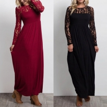 Sexy Lace Spliced Long Sleeve Round Neck Solid Color Maxi Dress