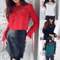 Fashion Lace Spliced Long Sleeve Round Neck Chiffon Top 