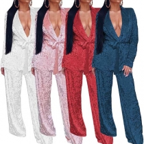 Fashion Solid Color Long Sleeve Top + Pants Homewear Set