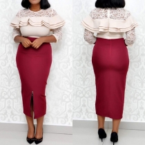 Fashion Contrast Color Lace Spliced 3/4 Sleeve Ruffle Dress