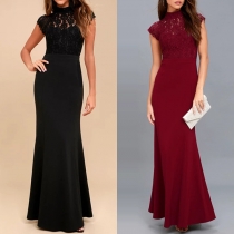 Sexy Backless High Waist Lace Spliced Solid Color Party Dress