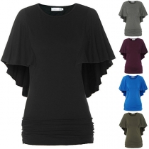 Fashion Solid Color Lotus Sleeve Round Neck T-shirt 