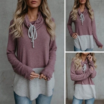Fashion Contrast Color Long Sleeve Heaps Collar Knit Top 