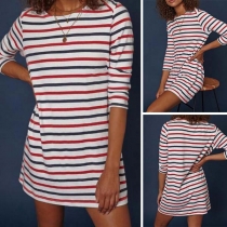 Fashion 3/4 Sleeve Round Neck Striped T-shirt Dress