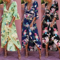 Bohemian Style Trumpet Sleeve Deep V-neck Slit Hem Printed Dress