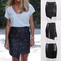 Fashion High Waist Irregular Hem Rivets PU Leather Skirt 