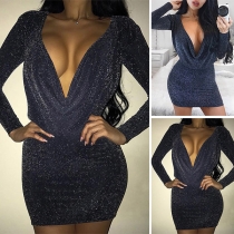 Sexy Deep V-neck Long Sleeve Slim Fit Party Dress