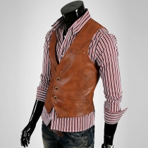 Fashion Solid Color V-neck Slim Fit Men's PU Leather Vest