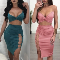 Sexy Backless Deep V-neck Cami Top + Side-slit Skirt Two-piece Set