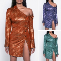 Sexy Oblique Shoulder Long Sleeve Printed Shirt Dress