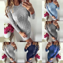 Fashion Solid Color Long Sleeve Round Neck Slim Fit Sweater Dress