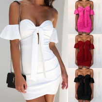 Sexy Strapless Lotus Sleeve Solid Color Slim Fit Party Dress