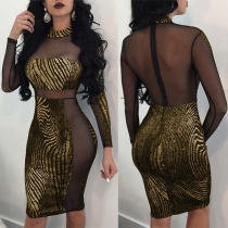 Sexy See-through Gauze Spliced Long Sleeve Sequin Bodycon Dress  