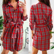Fashion 3/4 Sleeve POLO Collar Plaid Shirt Dress with Waist Strap