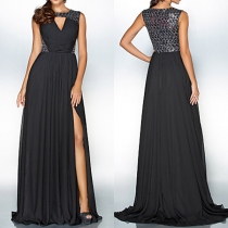 Sexy Lace Spliced Sleeveless High Waist Slit Hem Party Dress