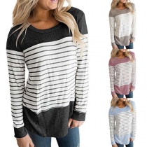 Fashion Long Sleeve Round Neck Contrast Color Striped T-shirt 