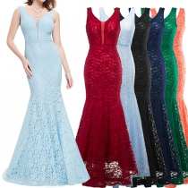 Sexy Backless V-neck High Waist Sleeveless Lace Party Dress