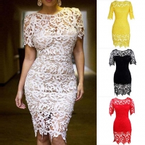 Sexy Short Sleeve Round Neck Slim Fit Hollow Out Lace Dress