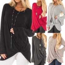 Fashion Solid Color Trumpet Sleeve Twisted Hem T-shirt 