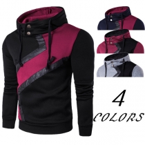 Fashion Contrast Color Long Sleeve PU Leather Spliced Men's Hoodie 