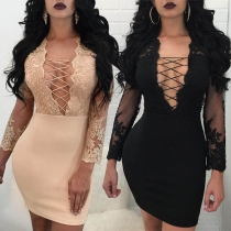 Sexy Backless Deep V-neck Lace Spliced Long Sleeve Tight Dress