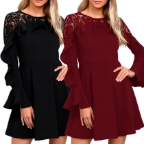 Sexy Lace Spliced Trumpet Sleeve Round Neck Ruffle Dress