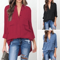 Fashion Solid Color Long Sleeve POLO Collar Loose Chiffon Blouse