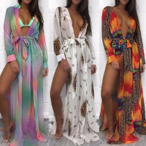 Sexy Deep V-neck Slit Hem Long Sleeve Printed Maxi Dress