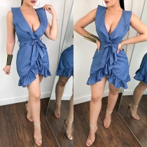 Sexy Deep V-neck Irregular Ruffle Hem Sleeveless Dress