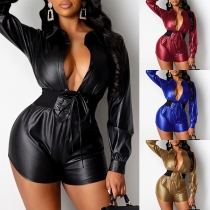 Sexy Deep V-neck Long Sleeve Solid Color PU Leather Romper with Girdle