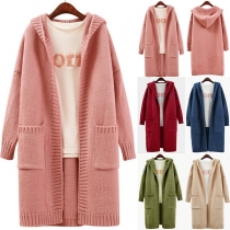 Fashion Solid Color Long Sleeve Hooded Loose Knit Cardigan 