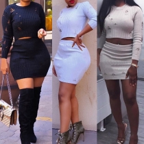 Fashion Solid Color Long Sleeve Ripped Top + Skirt Knit Two-piece Set 