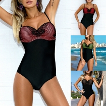 Sexy Backless Lace Spliced Contrast Color One-piece Swimsuit 