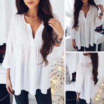 Fashion Open-collar Pearl Long Sleeve Ruffle Hemline Chiffon Shirt 
