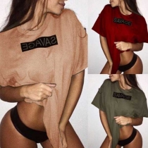 Sexy Round-neck Short Sleeve Letter Printed Solid Color Shirt