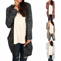 Fashion Solid Color Long Sleeve Two Side Pockets Hooded Cardigan Sweater