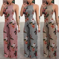 Sexy Backless Sleeveless Pattern Printed Chiffon Sling Loose Pants