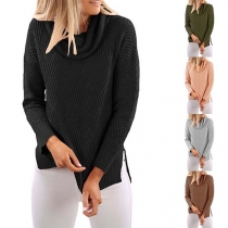Sweet Solid Color High-neck Long Sleeve Ribbing Slit Sweater